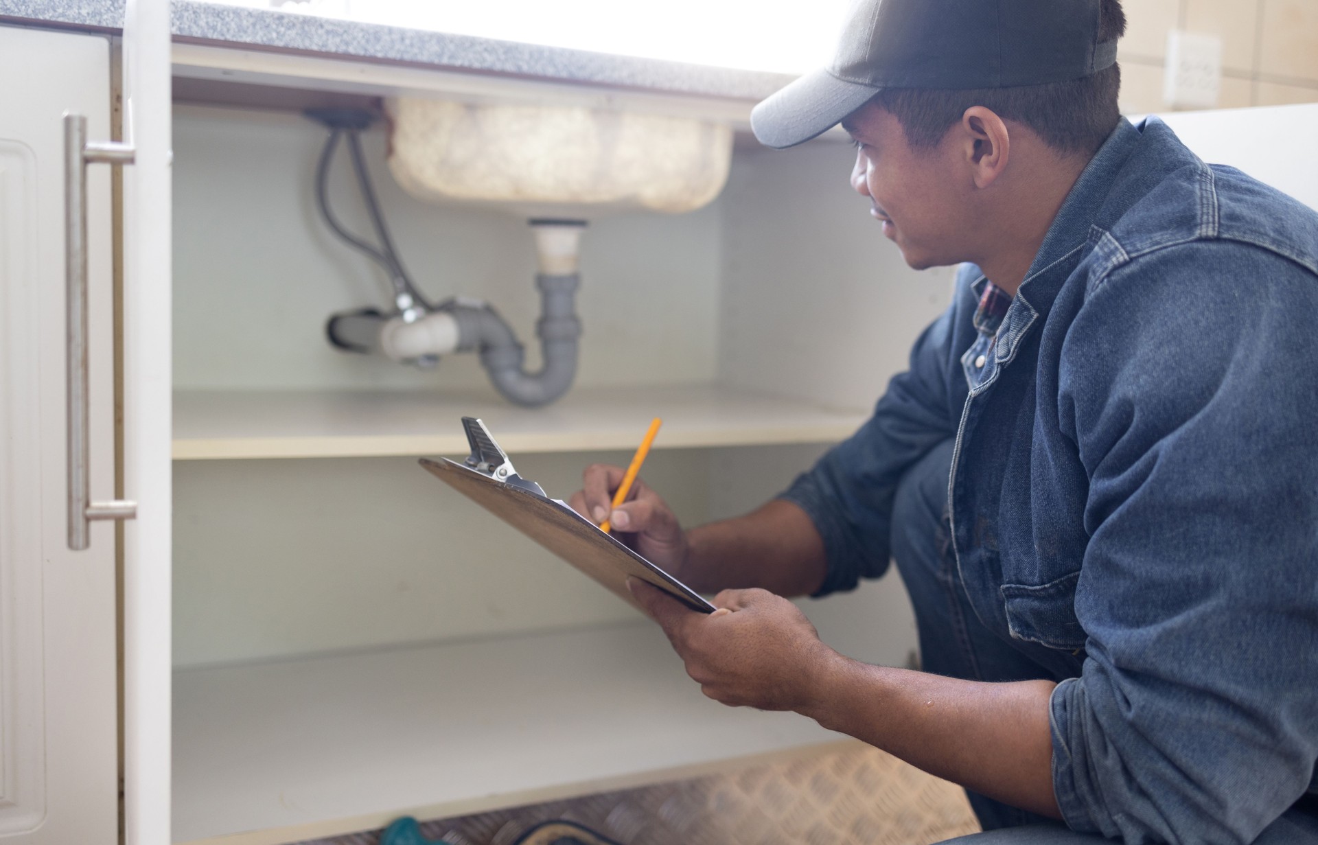Plumber, sink maintenance document and plumbing check of a handyman in a kitchen. Water pipe installation, home repair checklist and builder in a household for building construction and inspection